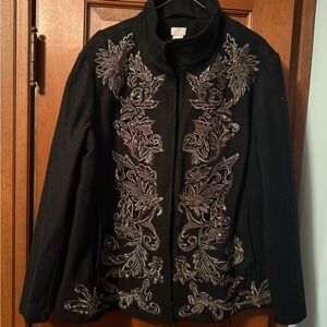 Chico's Elegant Black Blazer with Intricate Silver Detailing